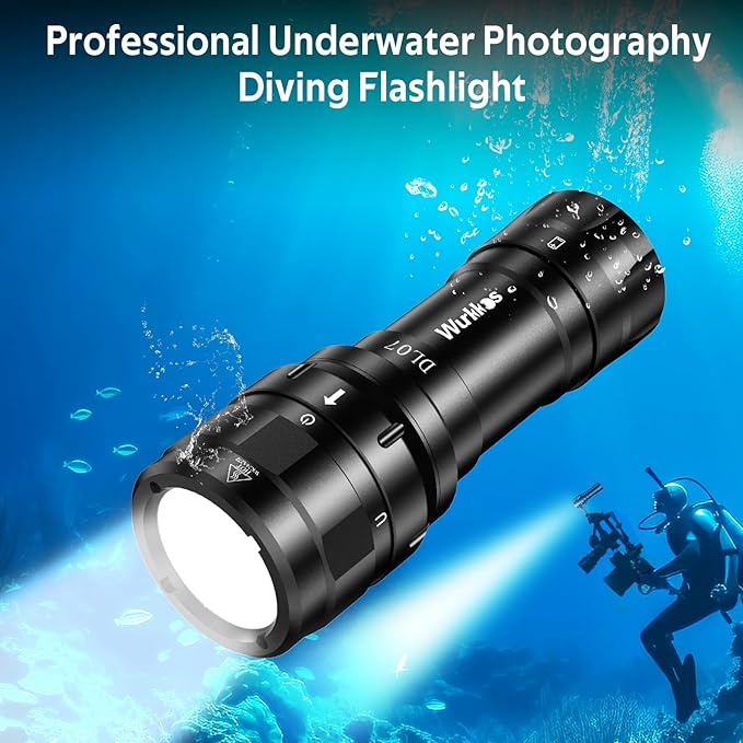 Wurkkos DL07 Diving Flashlight Rechargeable Scuba Dive Light, 3000 Lumens Dive Lights, IPX8 Waterproof, 135 ° Beam Angle Underwater Flashlight High 90 CRI Dive Video Photography Light with Ball Joint