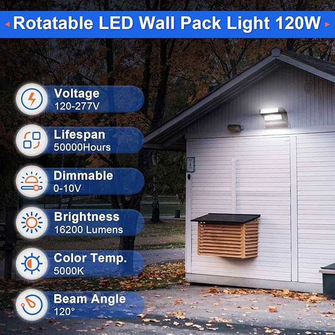 LED Wall Pack Light 120W Rotatable Adjustable 16200LM 5000K, Dimmable Outdoor Area Wall Pack Flood Lighting Fixture - Great for Warehouse Entrance Parking, IP65 Waterproof, UL&DLC Listed
