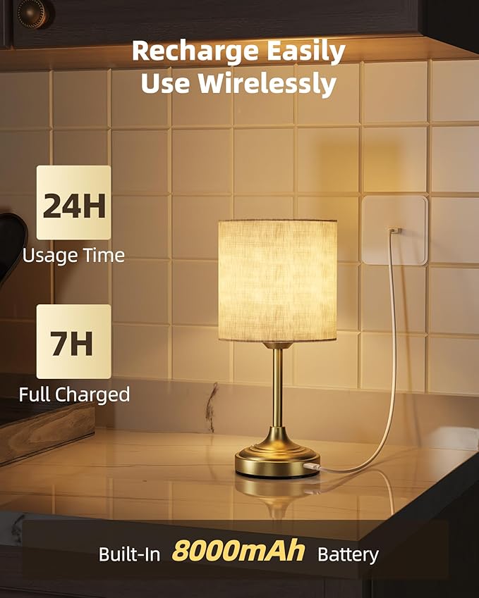 Wireless Lamp, 2-Pack, 8000mAh, Dimmable, Ambient Light, 2700K, Touch Control, Portable, Small, LED, Rechargeable Table, Rechargeable, Cordless, Desk Lamp, Kitchen Lamp, Fabric Shade, for Dining Room