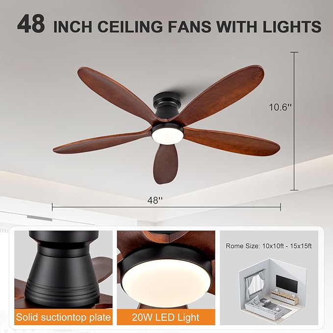 48 Inch Ceiling Fans with Lights and Remote, Low Profile Flush Mount Modern Wood Ceiling Fan with Light, 5 Blades, Dimmable, Wall Switch, 6 Speed DC Motor, Indoor Outdoor Ceiling Fan