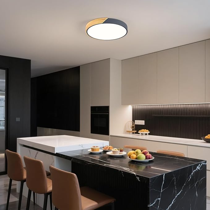 Vikaey Modern LED Ceiling Light, Minimalist Wood Flush Mount Ceiling Light Fixture, 4000K Not Dimmable, Circle Lighting Lamp with Acrylic Lampshade for Bedroom Dining Room Laundry (Grey, 15.8'')
