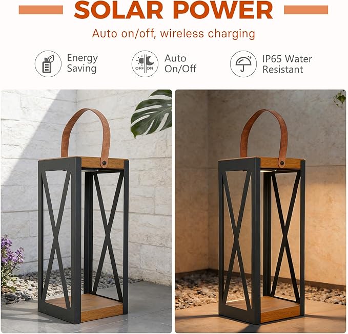 Solar Yard 2-Pack Outdoor Floor Lamp Solar Powered Light with 50/100 LM Dual Brightness & Memory Mode, Waterproof Metal Solar Lantern with Handle, Plant Decor for Patio, Yard, Porch, Large X-Black