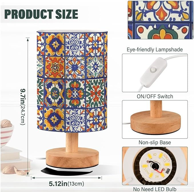 Mexican Tile Patterns Colorful Ethnic Bedside Table Lamps with USB Port for Bedroom Lamp Accent Table Lamp Small Nightstand Lamp Sturdy Linen Shade Wooden Base Decorative Lamps for Kids|Dorm|Home