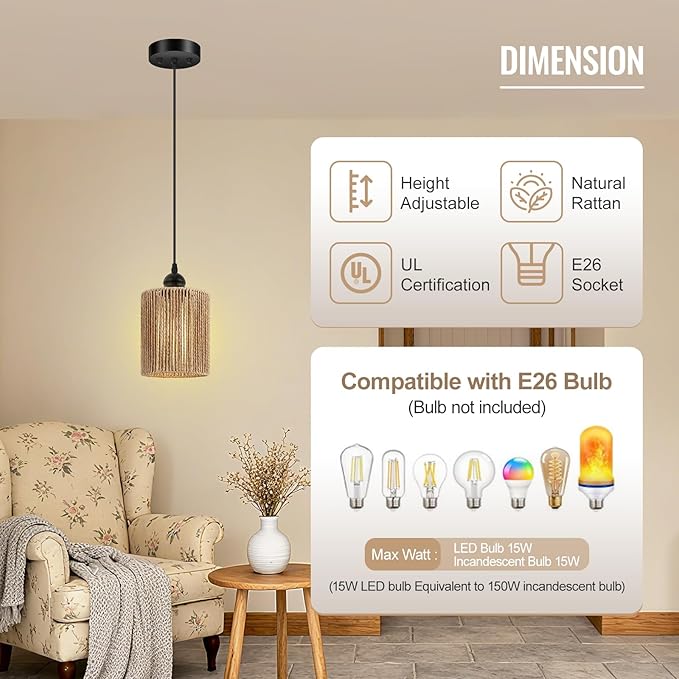 BoostArea 2 Pack Rattan Pendant Lights Kitchen Island, Farmhouse Chandelier with Handwoven Wicker Shade, Adjustable Height Boho Hanging Light for Kitchen Island/Dining Room/Bedroom/Hallway, No Bulb
