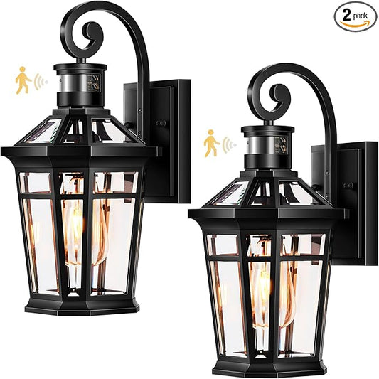 2 Packs Outdoor Lighting with Motion Sensor, Modern Dawn to Dusk Porch Light Fixture Wall Mount, Exterior Wall Lantern Sconce with Matte Black Finish, Waterproof Coach Lights for Garage, Patio