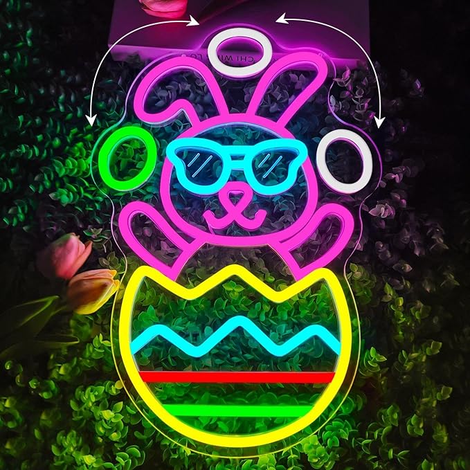 Easter Neon Sign for Wall Decor Bunny Throwing Eggs Led Sign Animated Bunny Neon Light Easter Decorations Funny Rabbit Light Up Signs for Window Spring Bar Home Holiday Party Gifts Business Coffee