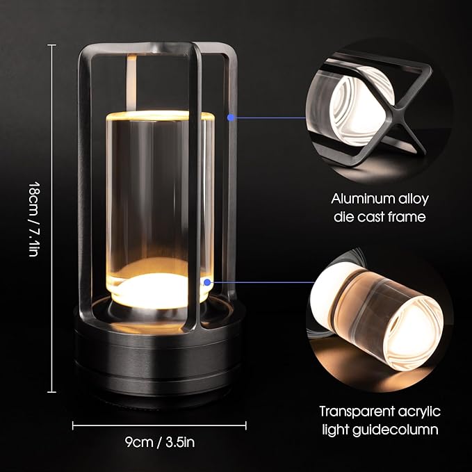 Cordless Table Lamp for Outdoor Indoor, Portable Rechargeable Battery Powered LED Crystal Lantern Lamp, 3 Color Touch Control Stepless Dimming, Small Desk Light for Restaurant Home (Black)