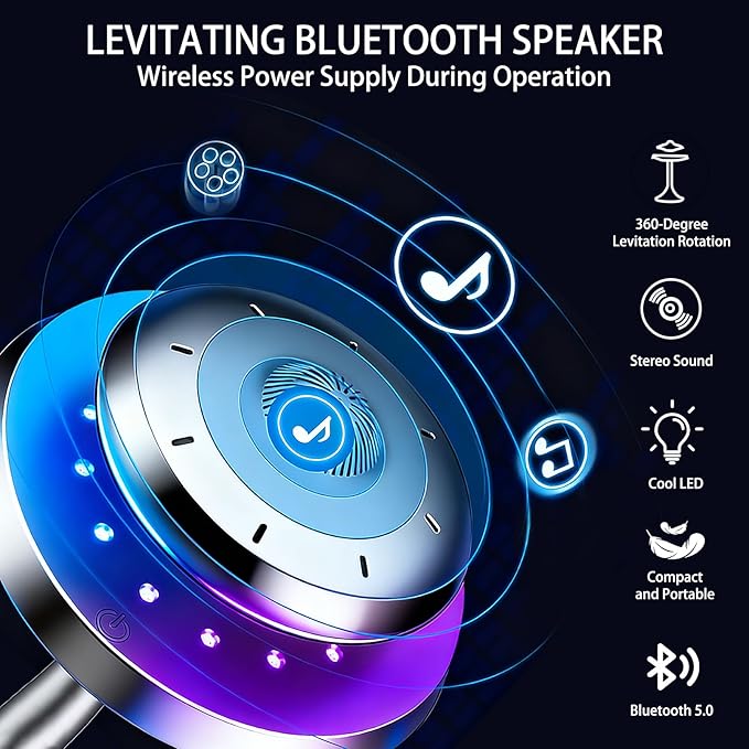 Magnetic Levitation Bluetooth Speaker, UFO Levitating Speaker with Smart Touch, Floating 360° Spin, Switchable Gradient LED Light, for Home Decor, (Black)
