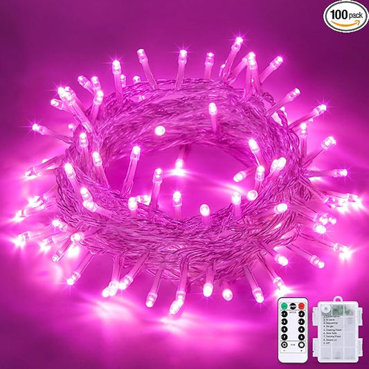JMEXSUSS 33ft 100 LED Pink Battery Operated Lights with 8 Modes Remote, Pink String Lights Indoor Outdoor, Christmas String Light for Bedroom House Tree Party Porch Decor