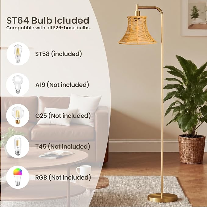 67" Modern Vintage Floor Lamp with Rope-Braided Lampshade - Ideal for Living Room, Bedroom & Office - Heavy Base, Pedal Switch, Stable & Convenient Lighting Solution(Include E26 Bulb)