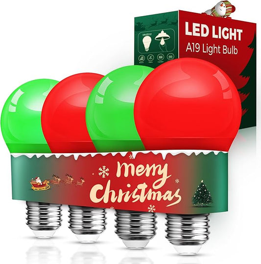L LOHAS LED Red and Green Light Bulbs Outdoor 4 Pack, Red and Green Light Bulbs for Christmas Decoration, A19 9W, 720LM, E26 Base, Non-Dim