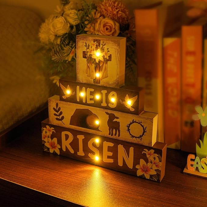 Religious Easter Decorations Indoor - Led Cross Christian Decor He Is Risen Light up Happy Easter Wooden Sign for Table Religious Home Office Indoor Decor 9 × 9 Inch