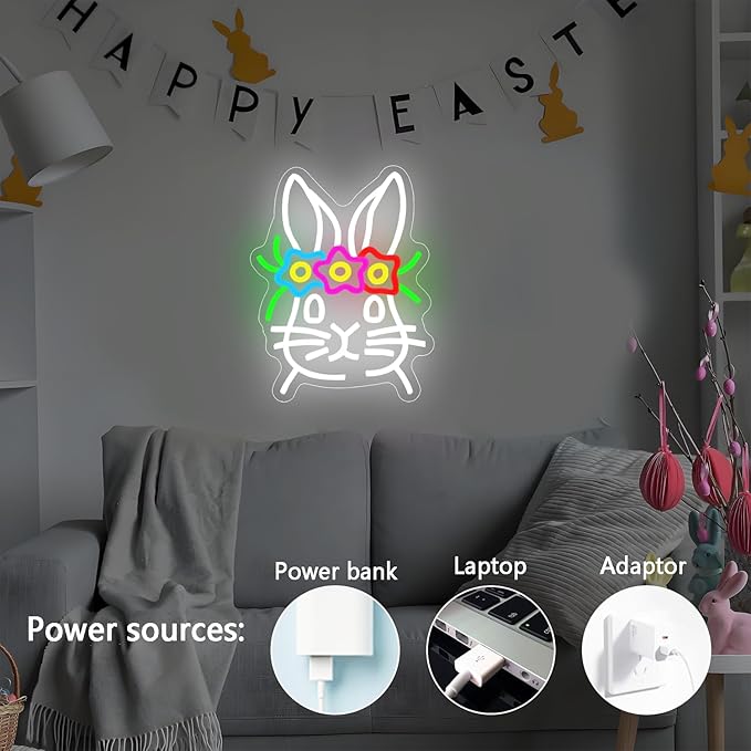 Easter Neon Sign for Wall Decor Easter Bunny Neon Sign Cute Rabbit Wearing Flower Neon Led Lights for Spring Bar Living Room Party Holiday Bedroom Gifts