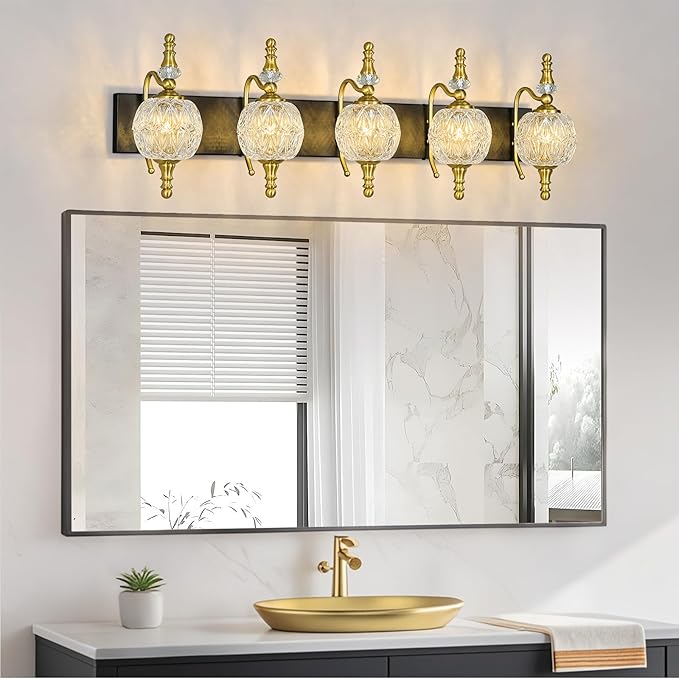 Modern Crystal Bathroom Vanity Lights Fixtures Over Mirror Black Gold Vintage 5-Lights 36 Inch Bathroom Light Fixtures Glass Crystal Vanity Lights