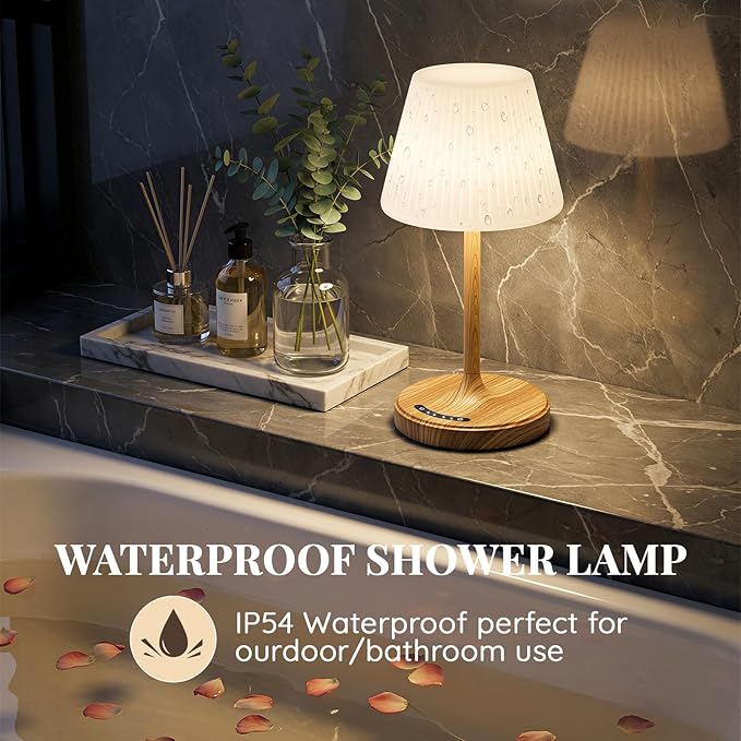 Cordless Table Lamp, Waterproof Shower Lamp, 4000mAh Rechargeable Table Lamps, 3-Color Dimmable Touch Light, Battery Operated Lamp Small Night Desk Lamp for Bathroom Kitchen Bedroom Patio (Wood Grain)