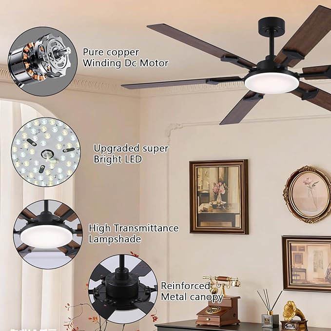 66 Inch Brown Ceiling Fan with Lights, Modern Large Ceiling Fan with Remote & APP Control, Reversible DC Motor, 6 Double-Sided Blades, 6 Speeds, Silent, Timer, for Living Room Indoor & Outdoor
