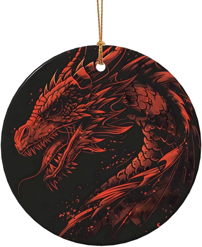 Cartoon Red Dragon Christmas Ornaments, Christmas Decorations Xmas Tree Hanging Ornaments, Round Ceramic Festive Keepsake Gift for Xmas Decorations Holiday Home Decor