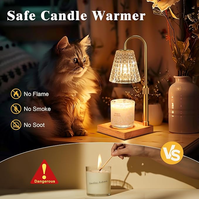 Hong-in Crystal Adjustable Height Candle Warmer Lamp with Timer Dimmer,Birthday Gifts for Women Mom,House Warming Gifts New Home Room Decor,Vintage Wax Warmer for Scented Wax Jar Candles