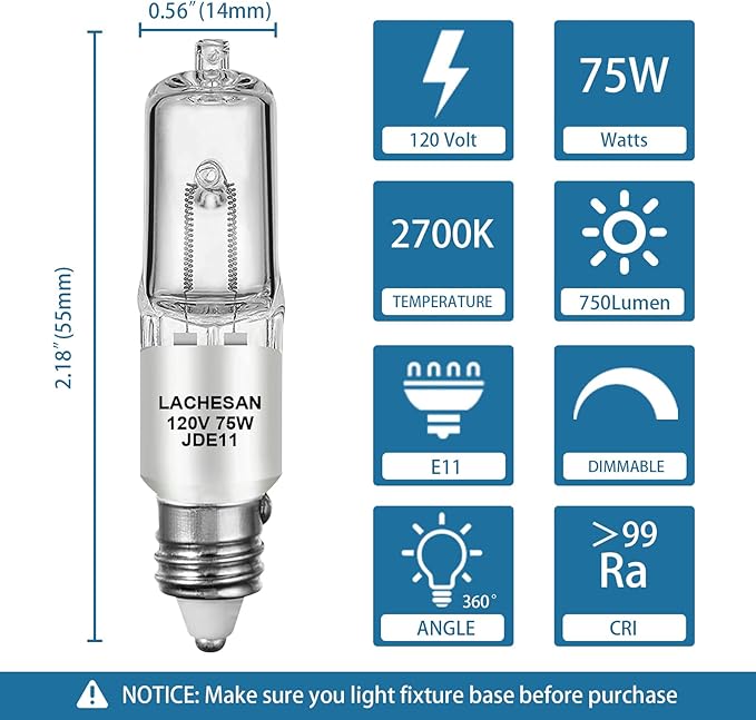 JDE11 120v 75w, E11 Halogen Light Bulb,Dimmable T4 Mini Candelabra Base(Replacement E11 Led Bulb), 2700K Warm White for Chandeliers, Ceiling Fan, Table Lamps, Cabinet Lighting, 4 Pack