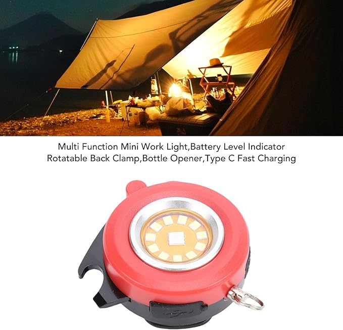 SUNGOOYUE Keychain Work Light, Aluminum Alloy Rechargeable Round Mini Pocket RGB Flashlight with Bottle Opener Rotatable Back Clamp for Emergency (Red)