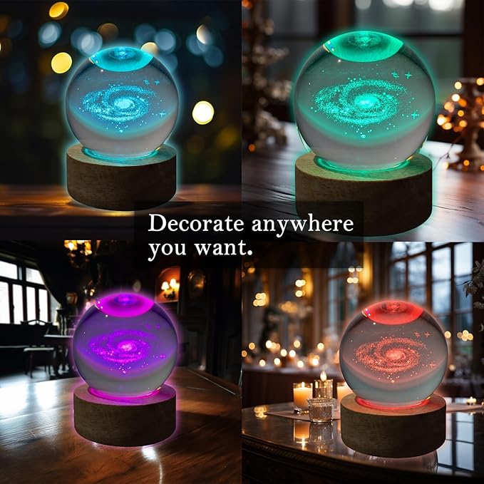 3D Galaxy Crystal Ball Night Light & Planet Lamp - 3.15" Glass Sphere, Automatic Color Change with 16 Colors & 4 Modes - Ideal Decorative Gift for Boy Girls Friends (2-Galaxy, 3.15" (Inch))