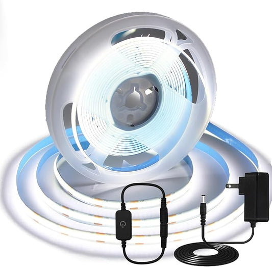 16.4FT/5M COB LED Strip Light, Cold White 6000K Cuttable LED Tape Lights, 8mm Width, CRI93+ Dimmable Flexible Light Strip for Bedroom Kitchen TV Backlight Cabinet Mirror Decor(with Plug)