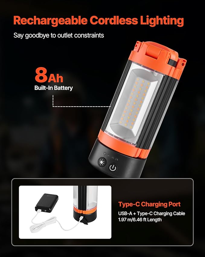 VEVOR LED Work Light with Stand, 8Ah, Rechargeable Cordless Camping Light, with 3 Lamp Heads, Detachable Tripod Stand, 2200 Lumens 3000K-6500K Dimmable, Portable Construction Lighting for Job Site