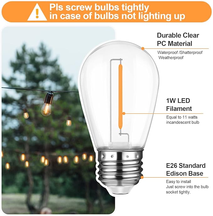 Mlambert 24 Pack LED String Light Bulbs,Shatterproof Outdoor String S14 Replacement Light Bulb,Waterproof 1W LED Edison Bulb Equal to 11W,Not Solar