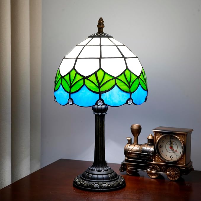 Small Tiffany Lamp Stained Glass Table Lamp Elegant Lovely Retro Style Green Lotus Leaf Bedside Nightlight Nightstand Bedroom Home Decoration Antique Living Room Office Interesting Lamp