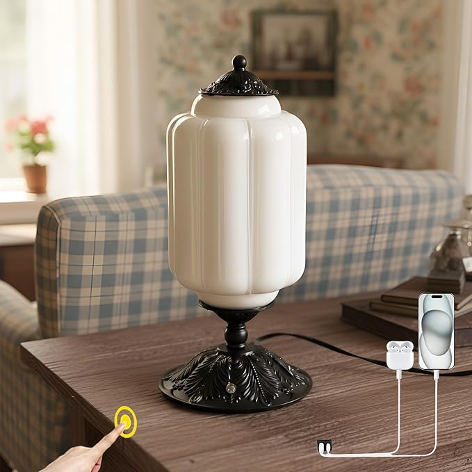 Vintage Milk Glass Touch Table Lamp, Elegant white Glass Bedside Desk Lamp 3 Way Dimmable with USB C+A Charging Ports - Bedroom Nightstand & Living Room Essential, 4W Bulb Included (white, 6.5)