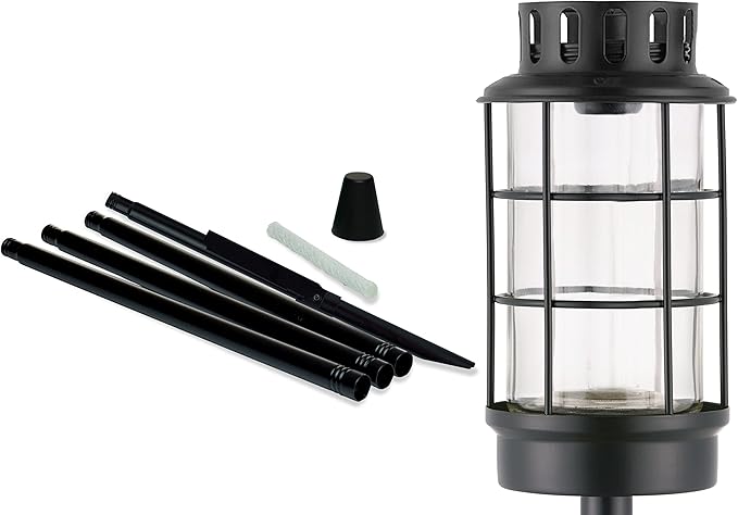 TIKI Outdoor Glass Lantern Torch – Weather-Resistant Decorative Torch for Patio, Garden & Backyard with 4-Piece Adjustable Height Pole, Fiberglass Wick & Snuffer, Black (Pack of 6)