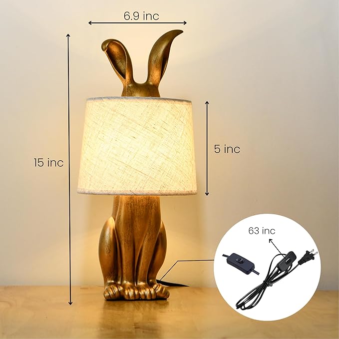 YHT Bunny Table Lamp, Cute Animal Rabbit Lamp,15.7" Vintage LED Desk Light with Linen Lampshade,Gold Main Part Beside Lamp for Bedroom, Study Room, Office, Nursery, Home Decor (Linen)