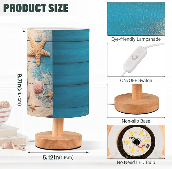Table Lamp Summer Seashell Starfish Rope Sand on Blue Wood Nightstand Lamp with Wood Base Fabric Lamp Shade Bedside Desk Lamp for Living Room Bedroom Kids Room Office