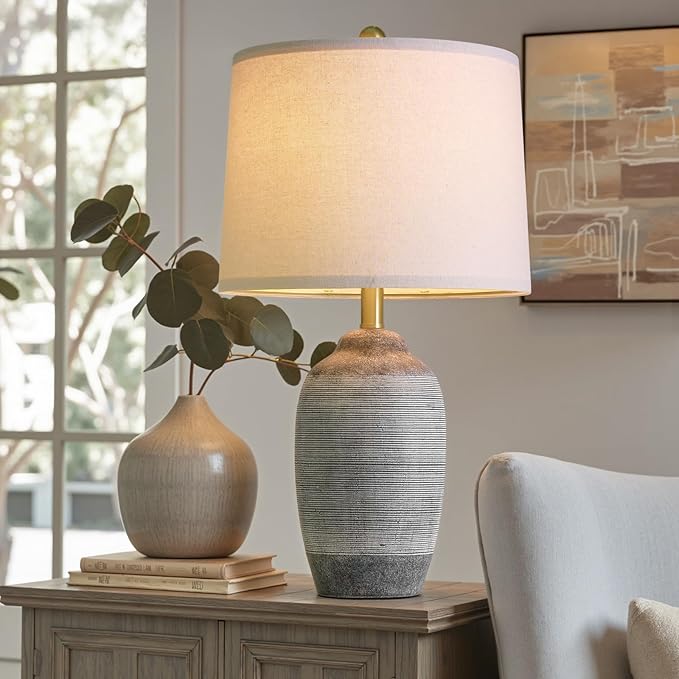 24.5" Vintage Ceramic Table Lamp - Single Farmhouse Rustic Bedside Lamp with Natural Textured Finish, Nightstand Lamps for Living Room, Bedroom, End Table, Office Dark Grey