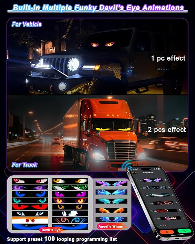 LED Devil Eye Lights for Windshield 23"x5" [Advanced Chip, 100% Synced Dual Screen] Dynamic Flexible Programmable Custom LED Eyes Display for Car Truck Front Window with Remote & APP Control