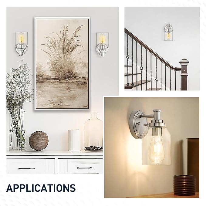 zeyu Industrial Brushed Nickel Sconces Set of 2, Bathroom Wall Sconce with Clear Glass Shade, Indoor Sconces Wall Lighting for Bedroom Living Room Mirror, ZG33B-2 BN