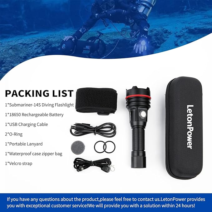 14S 2000 Lumens Underwater Flashlight with Hook and Loop Straps - 6 Modes Super Bright Diving Torch, USB-C Rechargeable, IP68 328FT for Dive Light Scuba Diving, Night Diving & Snorkeling