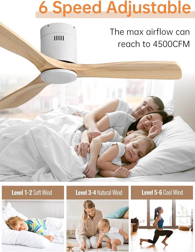 Sofucor Ceiling Fan without Lights, 52 Inch Low Profile Flush Mount Mordern Wood Ceiling Fan with Remote for Indoor Farmhouse Bedroom Living Room Outdoor Patio Porch, Reversible DC Motor, Noiseless