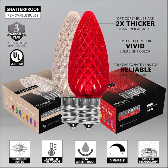 Wintergreen Lighting 100 C9 OptiCore LED Commercial Outdoor Christmas Lights – Heavy Duty Christmas String Lights; Green Wire (100 ft, Red/Warm White)