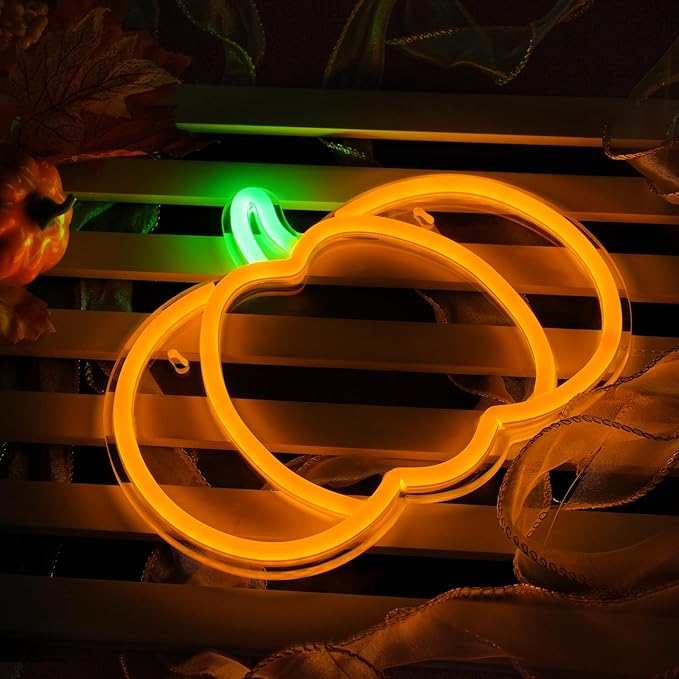 Halloween Decorations Pumpkin Neon Sign, 7.3*9in Dimmable Neon Sign Hanging for Wall, Indoor Cute Vintage Fall Thanksgiving Decor for Table Home Kitchen Bedroom Living Room Bar Pub Club Party, Indoor Battery Operated or USB