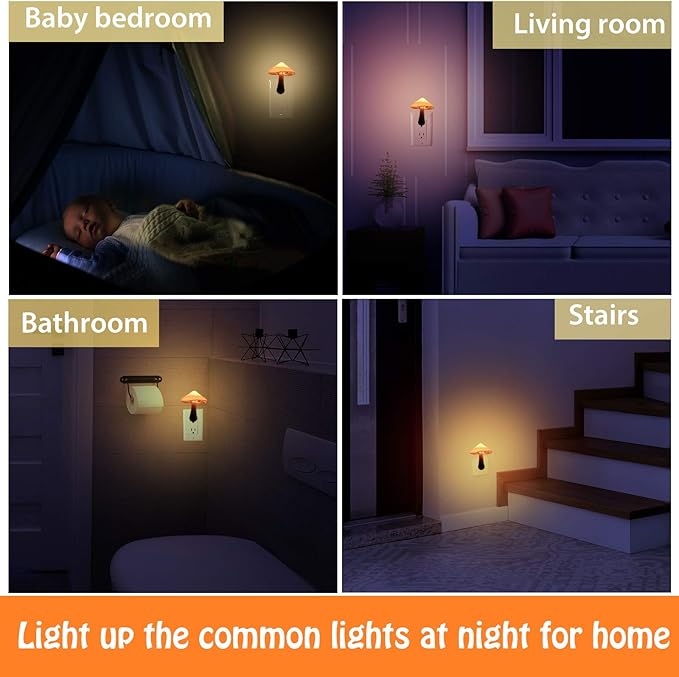 Mudder 2 Pack Mushroom Night Light Plug in Wall Lamp Sensor LED Mushroom Nightlight Cute Mini for Adult Kid Nursery Decor Gift(Yellow with White Cover)