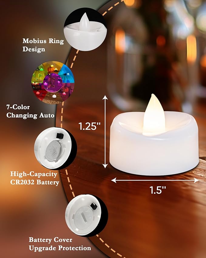 Flameless Candles, 12-Pack Color Changing Tea Lights Candles Battery Operated, Long-Lasting 200+ Hours Flameless Tealight Candles for Halloween Christmas Holiday Decor, 1.5'' D X 1.25'' H