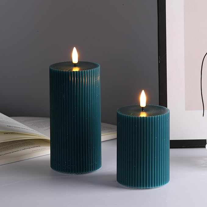 Green Ribbed Flameless Pillar Candles with Remote, 2 Pack Flickering Battery Operated LED Wax Candles Φ 3" H 4" 6"