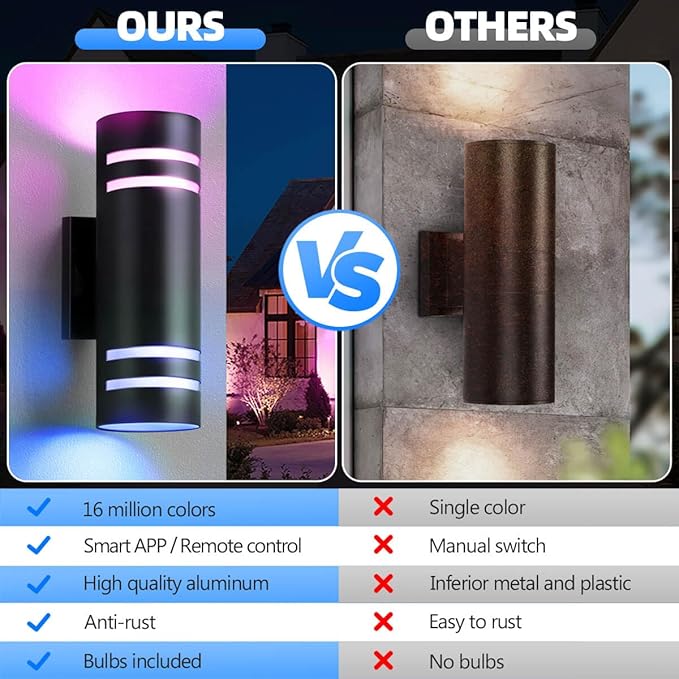 SHIMR Modern RGBCW Outdoor Wall Lights 2 Pack, Color Changing Outdoor Sconce Lights with APP Control, Black Cylinder Exterior Lighting Fixtures Aluminum Up Down Outside Lights for House [ETL Listed]