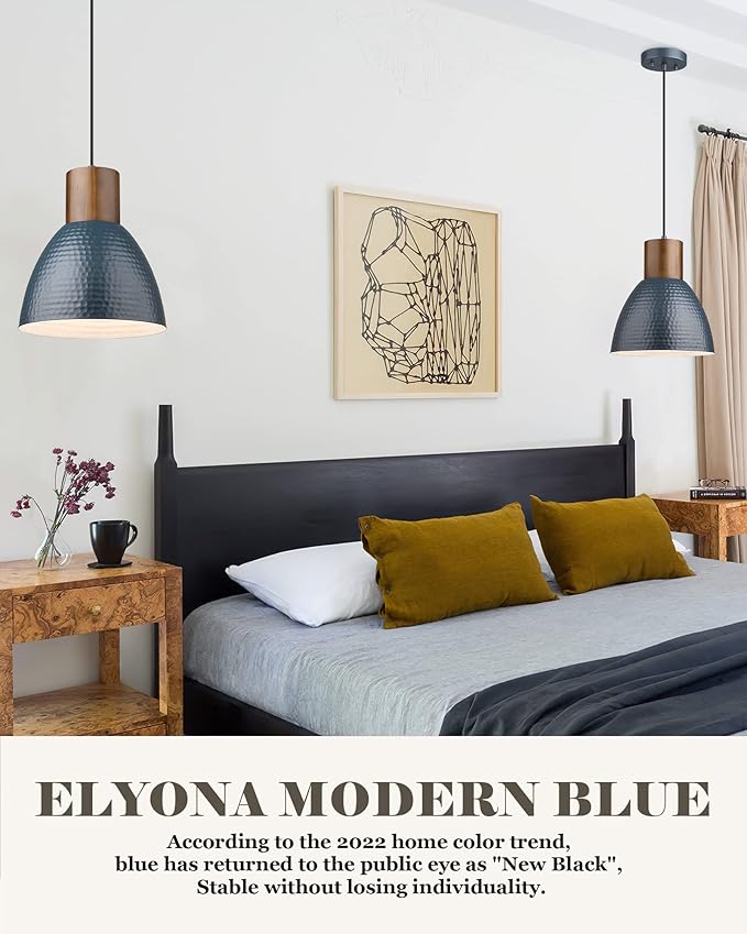 ELYONA 3 Pack Hammered Pendant Lights 7” Metal Solid Wood Hanging Light Fixtures Adjustable Height Industrial Pendant Lighting for Kitchen Island Dining Room Bedroom Bar Office, Modern Blue Small
