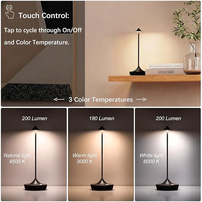 2-Pack Cordless Rechargeable LED Table Lamps, Metal, 3 Color Touch Stepless Dimmable, IP54 Waterproof Portable Battery Operated for Outdoor Dining Patio Restaurant Home Decor,Titanium