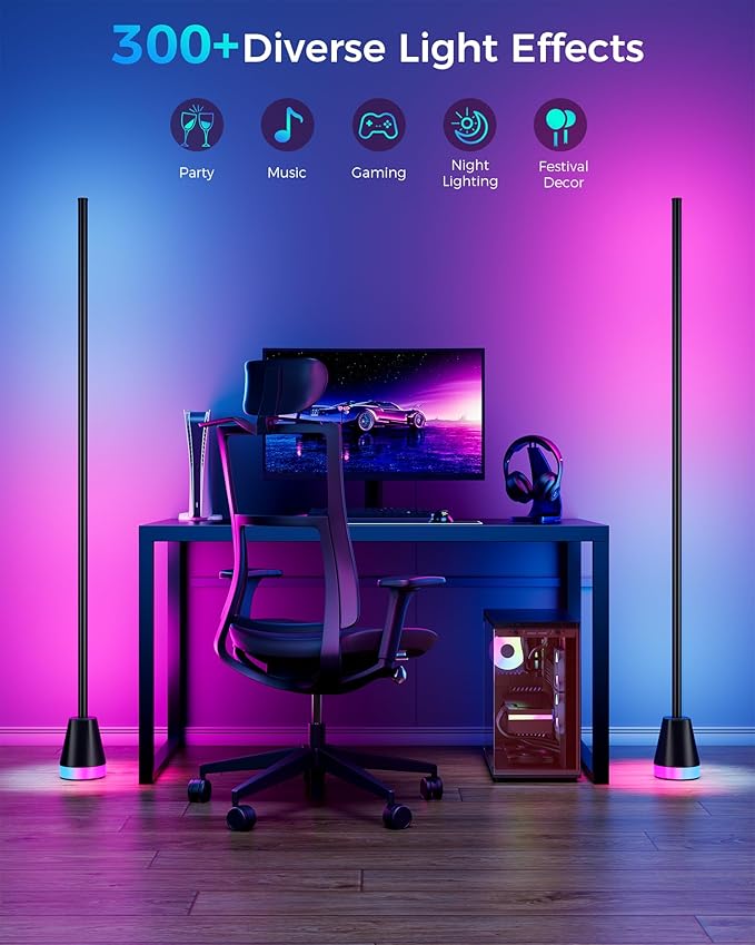 Corner Floor Lamp, Smart RGB LED 60 Inch Standing Lamp with 344 LEDs, App & Remote Control, 16 Million Colors & Music Sync for Bedroom, Gaming Room, Home Decor, Modern Ambient Lighting