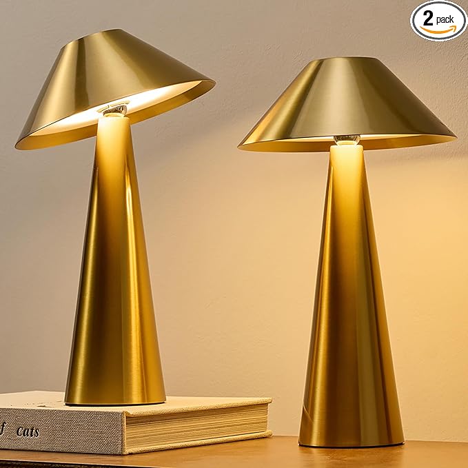 Bojim 2 Pack Rechargeable Cordless Table Lamp, Gold LED Battery Operated Wireless Table Lights, Touch for Color Changing Dimmable, IP54 Waterproof for Restaurant, Dining, Outdoor, Patio, Outside