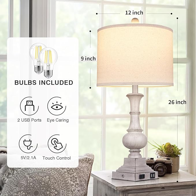 26" Farmhouse Table Lamps Set of 2, Rustic Touch Control Bedside Lamps with 2 USB Ports & AC Outlet, Vintage Resin 3-Way Dimmable Nightstand Lamp Linen Fabric Shade for Living Room Bedroom Decor Gray