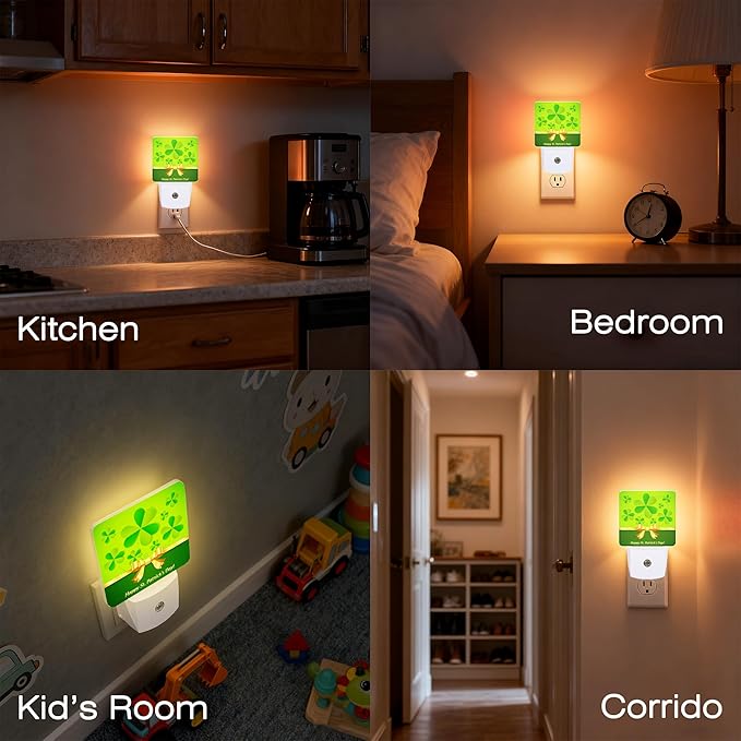 Happy St.Patrick's Day Night Light for Kids,Dusk-to-Dawn Auto Sensor Green Shamrocks Lucky Plug in Night Light,0.5W Energy Saving Non-Toxic for Bedroom/Bathroom,Ideal Gifts for Women Men